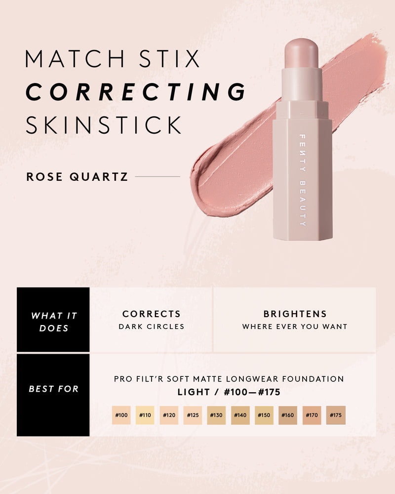 Infographic about Match Stix Correcting Skinstick in shade Rose Quartz and the skin tones that they are best for.