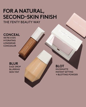 We're Even, Eaze Drop Skin Tint, and Invisimatte Blotting Powder product images on a lavender background. For a natural, second-skin finish teh Fenty Beauty way conceal, blur, and blot.