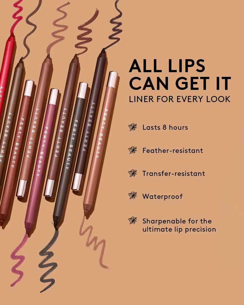 Set of lip liners with color swatches and product features on a beige background