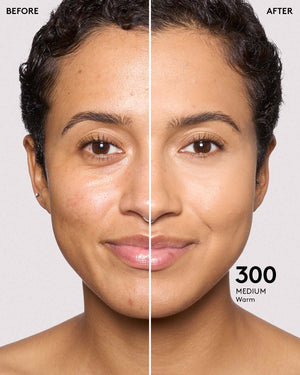before and after photos of model wearing Fenty Beauty Pro Filt'r Instant Retouch Concealer in medium shade