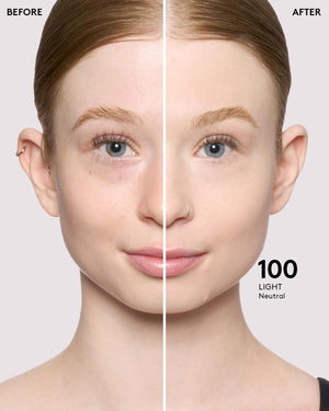 light skin model before and after wearing shade 100 in pro filt'r soft matte powder foundation