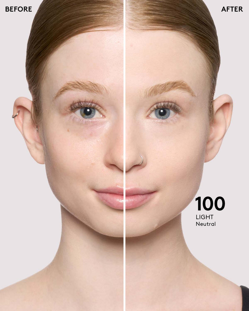 light skin model before and after wearing shade 100 in pro filt'r soft matte powder foundation