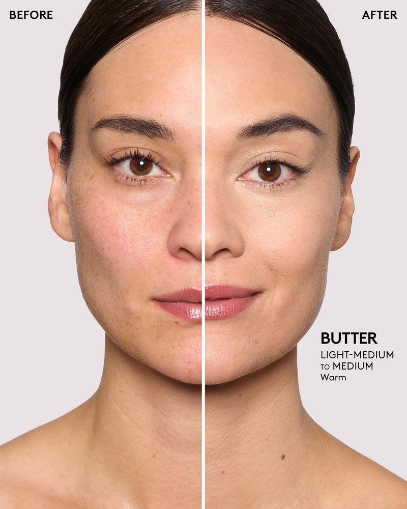 before and after of light-medium skin toned model wearing butter pro filt'r setting powder