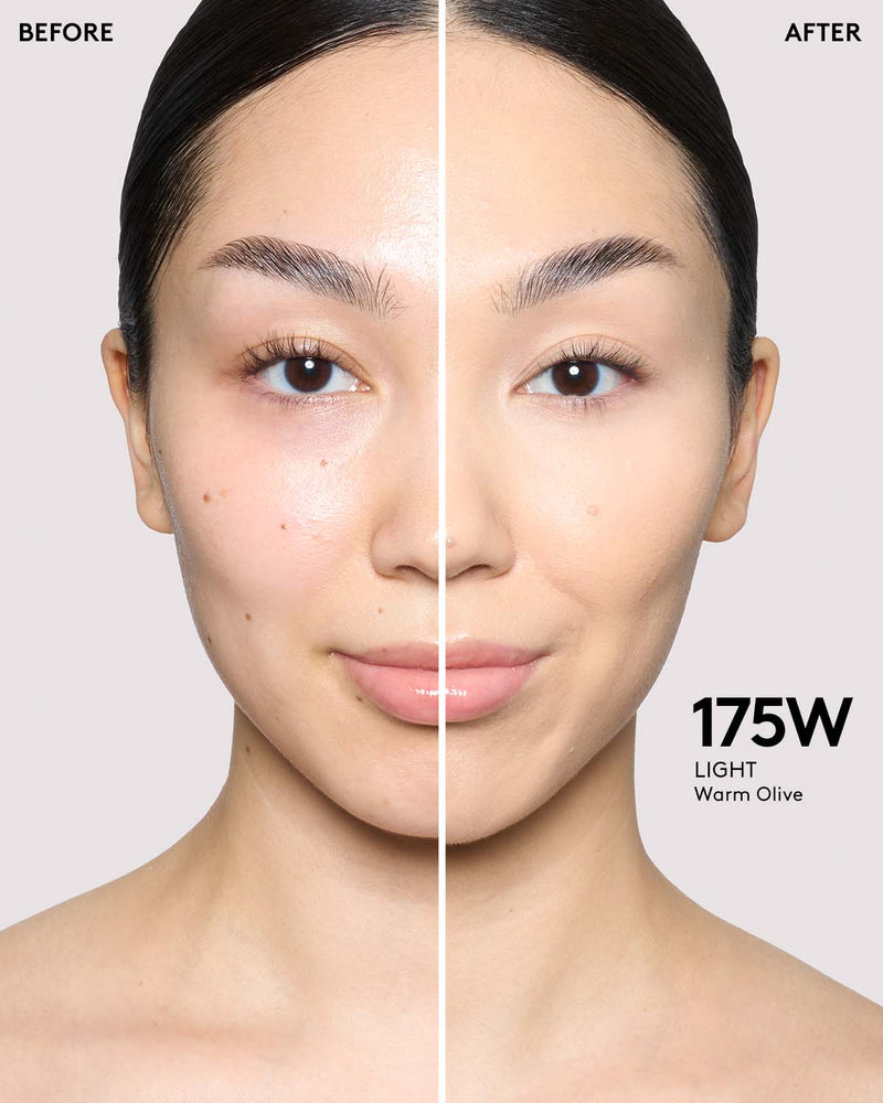 before and after of light skin toned model in we're even concealer