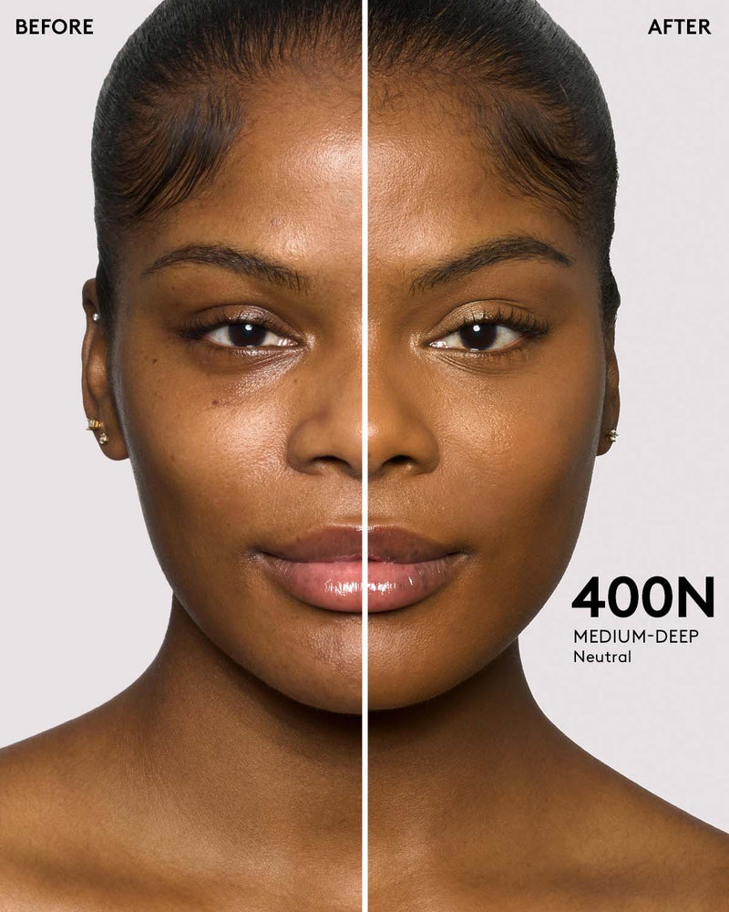Before and after of medium - deep skin tone model.
