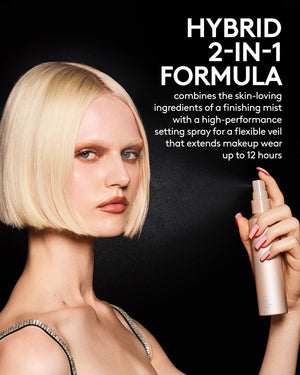 Copy reads: "Hybrid 2-in-1 formula combines the skin-loving ingredients of a finishing mist with a high-performance setting spray for a flexible veil that extends makeup wear up to 12 hours." Model with a full face of makeup spraying You Mist Makeup-Extending Setting Spray on their face.