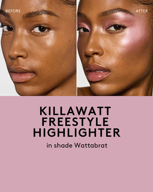 before and after of medium skin toned model wearing killawatt freestyle highlighter in shade wattabrat