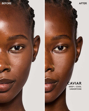 Before and after image of model wearing match stix contour in shade caviar.