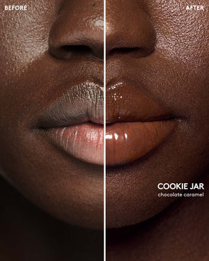 before and after of deep skin toned model wearing gloss bomb color drip lip cream in shade cookie jar