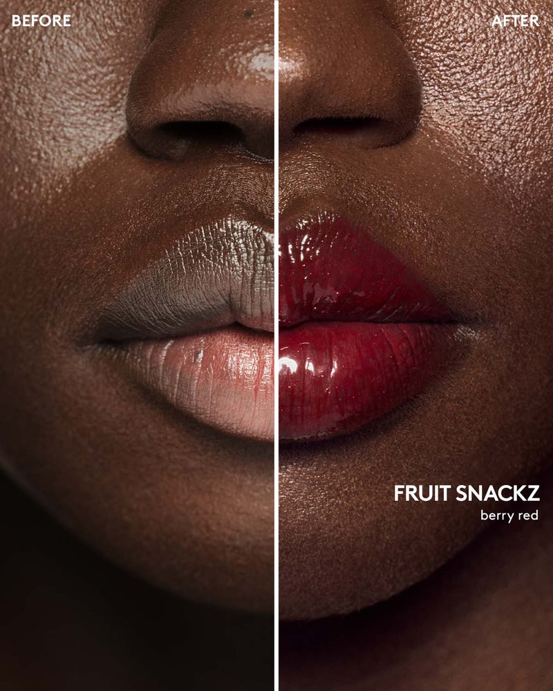 before and after of deep skin toned model wearing gloss bomb color drip lip cream in shade fruit snackz