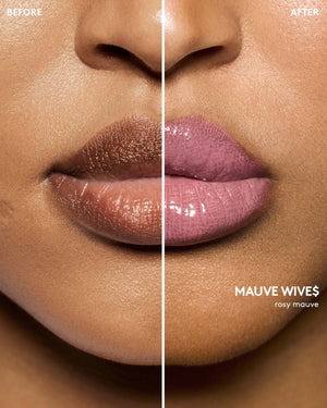 medium skin toned model wearing gloss bomb color drip lip cream in shade mauve wive$