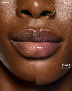 before and after of gloss bomb heat lip plumper in fu$$y heat on deep skin toned model