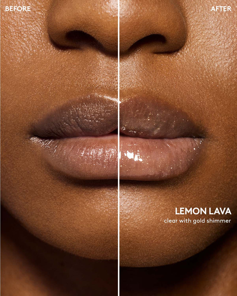 before and after of gloss bomb heat lip plumper in lemon lava on deep skin toned model