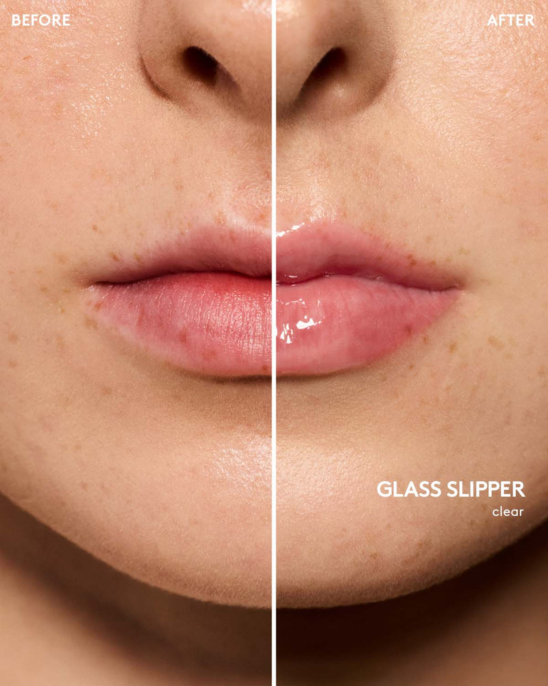 before and after of light skin toned model wearing gloss bomb universal lip luminizer in shade glass slipper