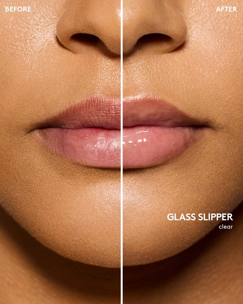 before and after of medium skin toned model wearing gloss bomb universal lip luminizer in shade glass slipper