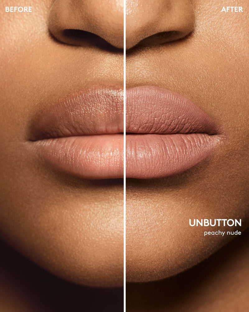 before and after of medium skin toned model wearing stunna lip paint in shade unbutton