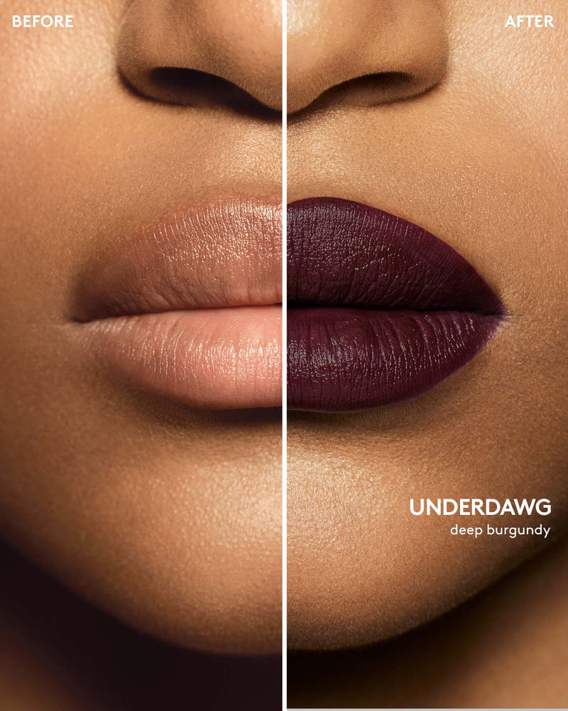 before and after of medium skin toned model wearing stunna lip paint in shade underdwag