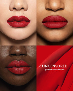 beauty shots of 3 different skin toned models wearing stunna lip paint in shade uncensored