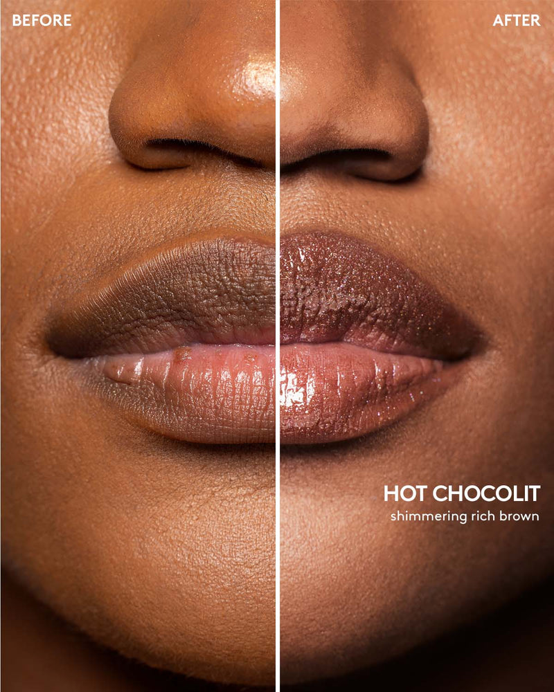 Before and after macro shot of light model wearing Gloss Bomb Stix High-Shimmer Gloss Stick in Hot Chocolit.
