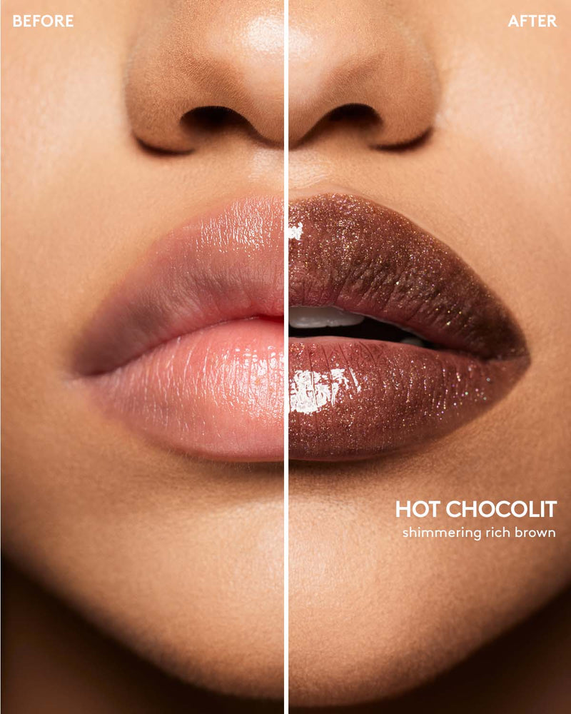 Before and after macro shot of light model wearing Gloss Bomb Stix High-Shimmer Gloss Stick in Hot Chocolit.