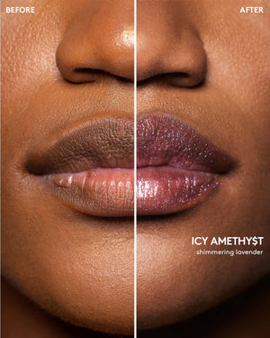Before and after macro shot of deep model wearing Gloss Bomb Stix High-Shimmer Gloss Stick in Hot Chocolit.