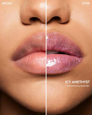 Before and after macro shot of medium model wearing Gloss Bomb Stix High-Shimmer Gloss Stick in Hot Chocolit.