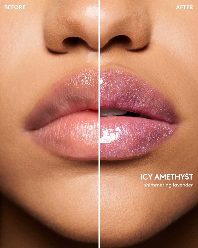 Before and after macro shot of medium model wearing Gloss Bomb Stix High-Shimmer Gloss Stick in Hot Chocolit.
