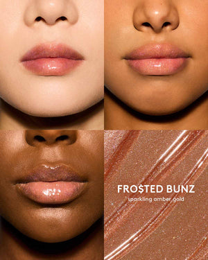 Gloss Bomb Oil Luminizing Oil and Gloss in shade Frosted Buns on light, medium, and deep skin tones. Frosted Buns is a sparkling amber gold.