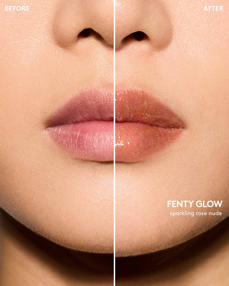Light skin tone model before and after using Gloss Bomb Oil Luminizing Oil and Gloss in shade Fenty Glow.