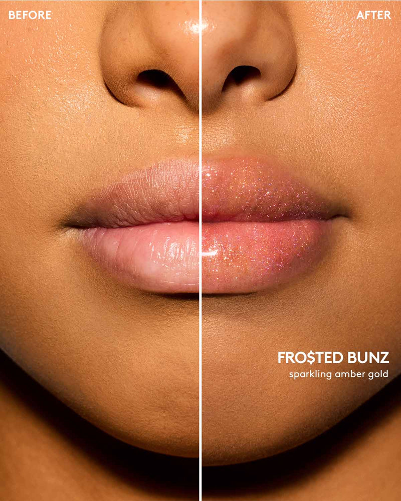 Medium skin tone model before and after using Gloss Bomb Oil Luminizing Oil and Gloss in shade Frosted Buns.