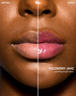 Deep skin tone model before and after using Gloss Bomb Oil Luminizing Oil and Gloss in shade Raspberry Jams.
