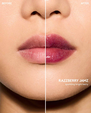 Light skin tone model before and after using Gloss Bomb Oil Luminizing Oil and Gloss in shade Raspberry Jams.