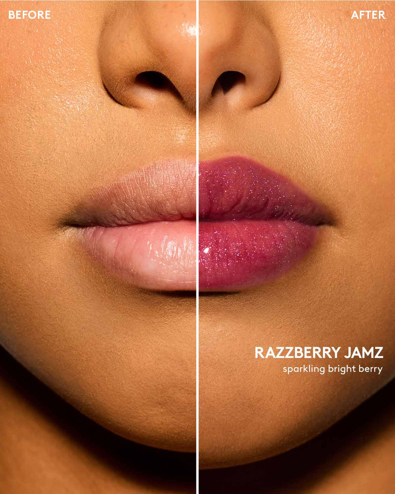 Medium skin tone model before and after using Gloss Bomb Oil Luminizing Oil and Gloss in shade Raspberry Jams.