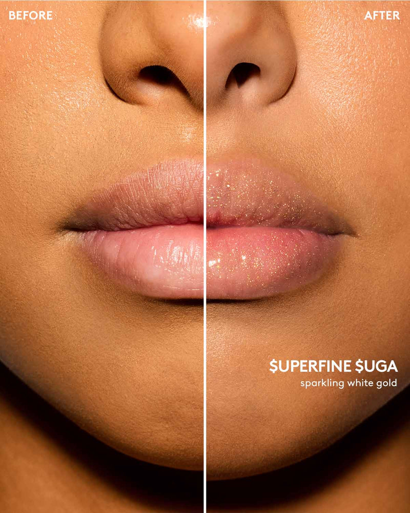 Medium skin tone model before and after using Gloss Bomb Oil Luminizing Oil and Gloss in shade Superfine Suga.