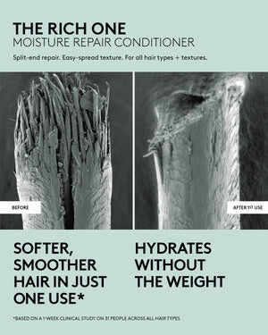 Microscopic photograph showing a strand of hair before and after 1st use of Fenty Hair conditioner, which provides split-end repair, easy-spread texture, and is designed for all hair types + textures. Hair is softer and smoother after one use, based on a 1-week clinical study on 31 people across all hair types.