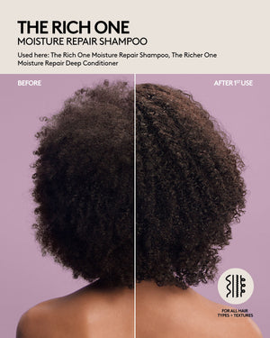 Coily short hair before and after one use of Fenty Hair Moisture Repair Shampoo and Deep Conditioner, hair is shiny, appears healthier and hydrated. Fenty Hair is for all hair types + textures.