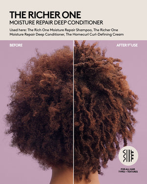 Coily short hair before and after one use of Fenty Hair shampoo, deep conditioner and curl-defining hair cream. Curls are bouncy, and hair appears healthier and hydrated. Fenty Hair is for all hair types + textures.