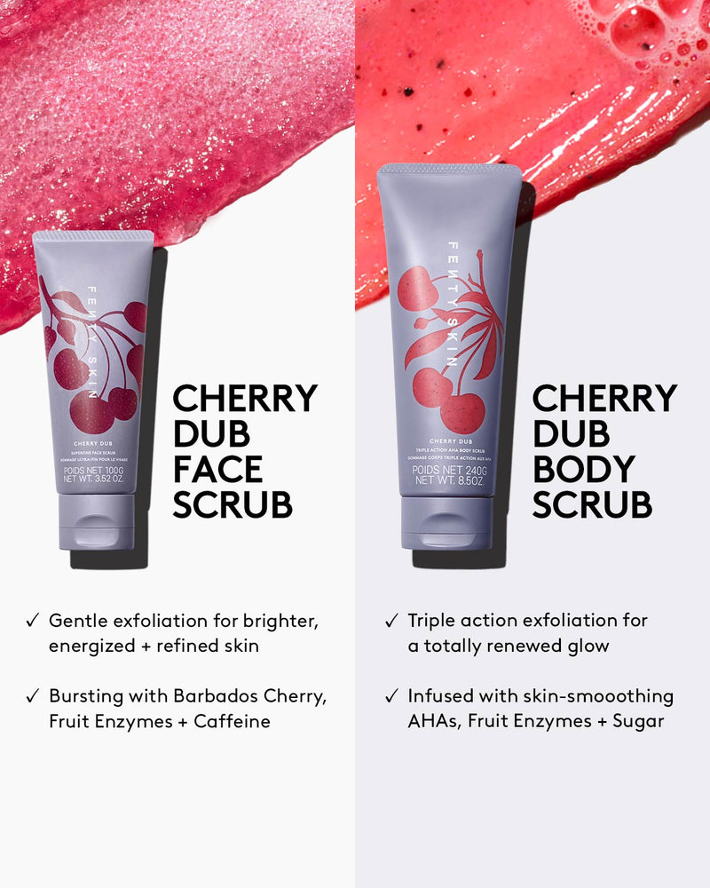 Side-by-side comparisons of the Cherry Dub Face Scrub and the Cherry Dub Body Scrub showing their benefits.
