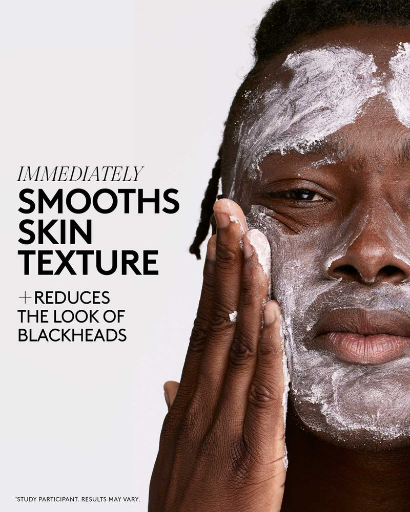 Infographic with text on the left and model using Cookies and Clean Face Scrub on the right. Text reads: immediately smooths skin texture and reduces the look of blackheads.