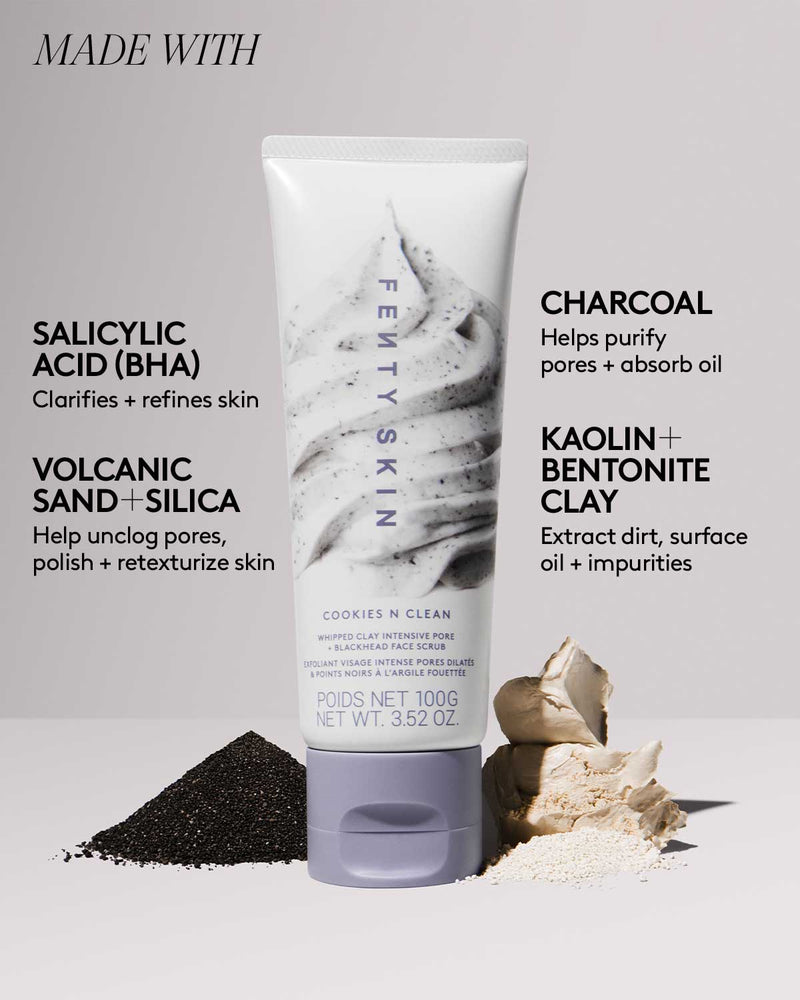 Infographic with Cookies and Clean Face Scrub product in the middle surrounded by ingredients. Text reads: salicylic acid (clarifies and refine skin), volcanic sand + silica (help unclog pores, polish + retexturize skin), charcoal (helps purify pores + absorb oil), kaolin and bentonite clay (extract dirt, surface oil + impurities).