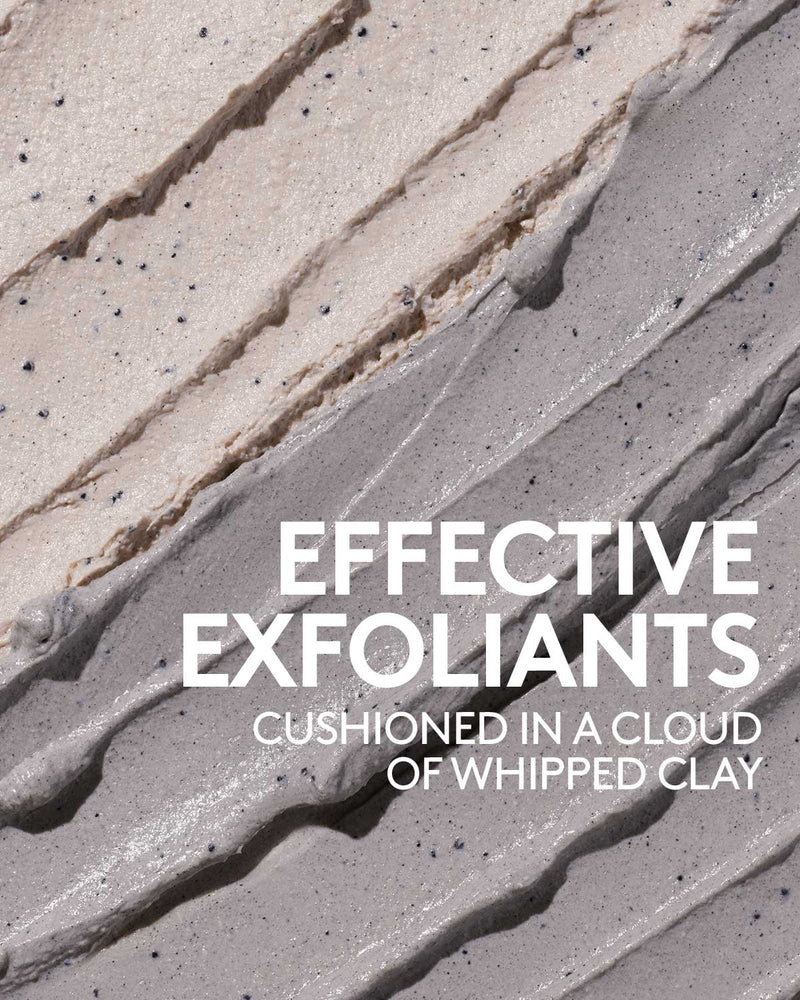 infographic with text that reads "Effective exfoliants cushioned in a cloud of whipped clay" in white copy against a product smear background.