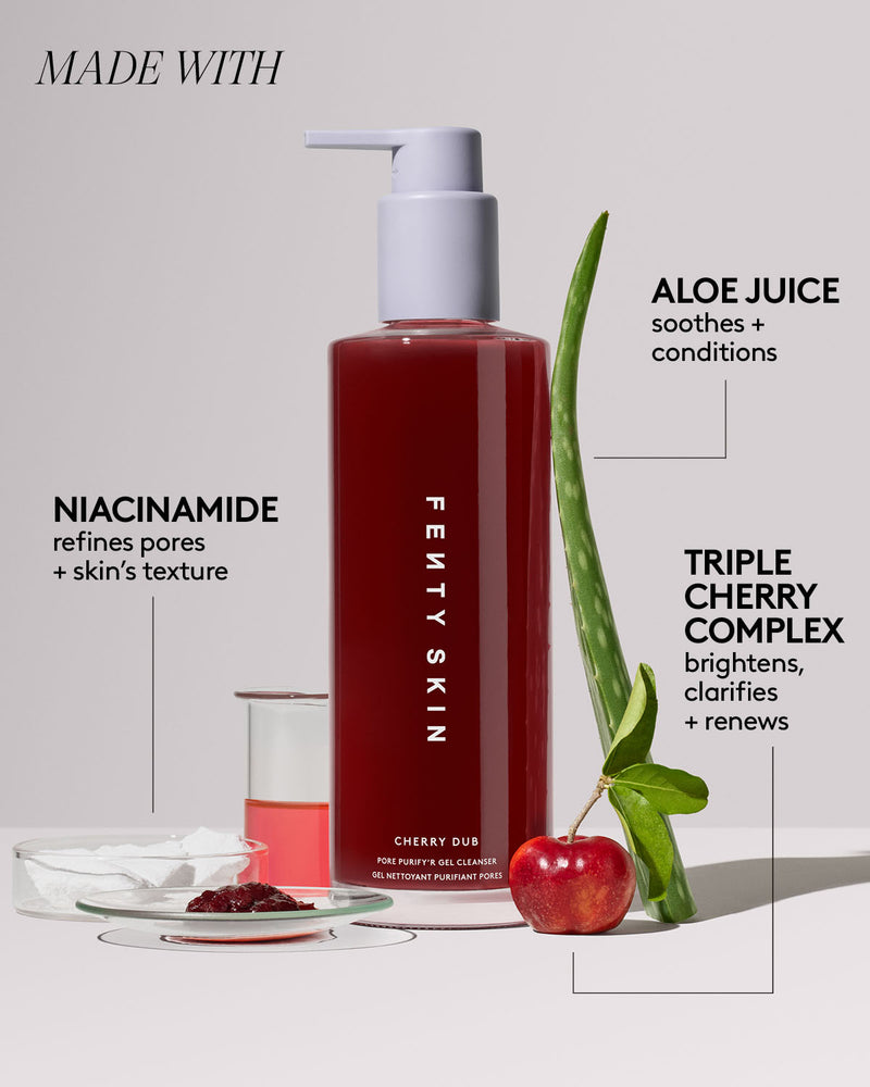 Product shot of Cherry Dub Gel Cleanser surrounded by ingredients. Copy reads made with niacinamide, aloe juice + triple cherry complex.