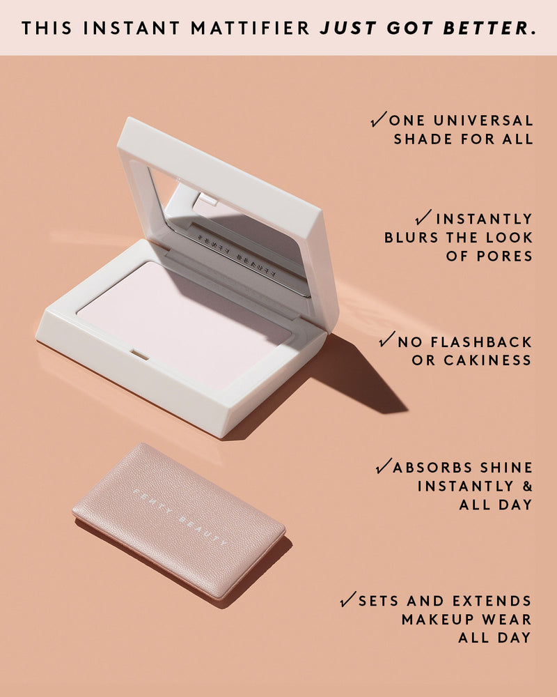 An open container of Invisimatte Setting Powder on a peach background next to overlay text detailing its benefits.