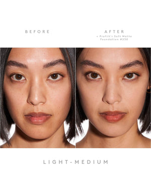 Side-by-side of model's face before and after the application of Pro Filtr'r foundation and Invisimatte Instant Setting Powder on light skin tone.