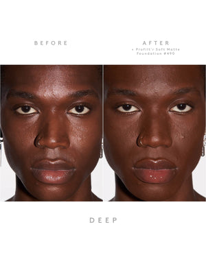 Side-by-side of model's face before and after the application of Pro Filtr'r foundation and Invisimatte Instant Setting Powder on dark skin tone.