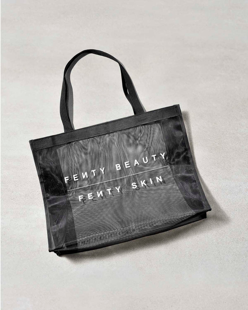 Fenty Beauty and Fenty Skin black mesh tote bag.