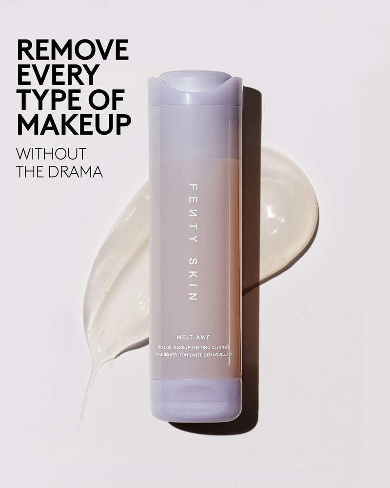 A bottle of Melt AWF Jelly Oil Cleanser next to the text, "Remove every type of makeup without the drama".