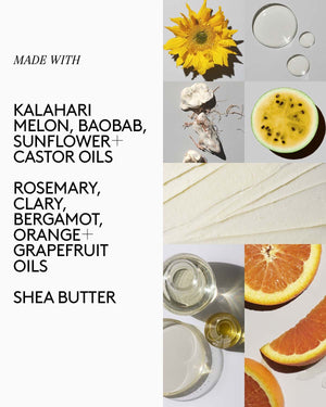 The Melt Awf Jelly Oil Cleanser ingredients next to their names: shea butter, rosemary clary, Kahalari melon, baobab + sunflower + castor oils, bergamot + orange + grapefruit oils.
