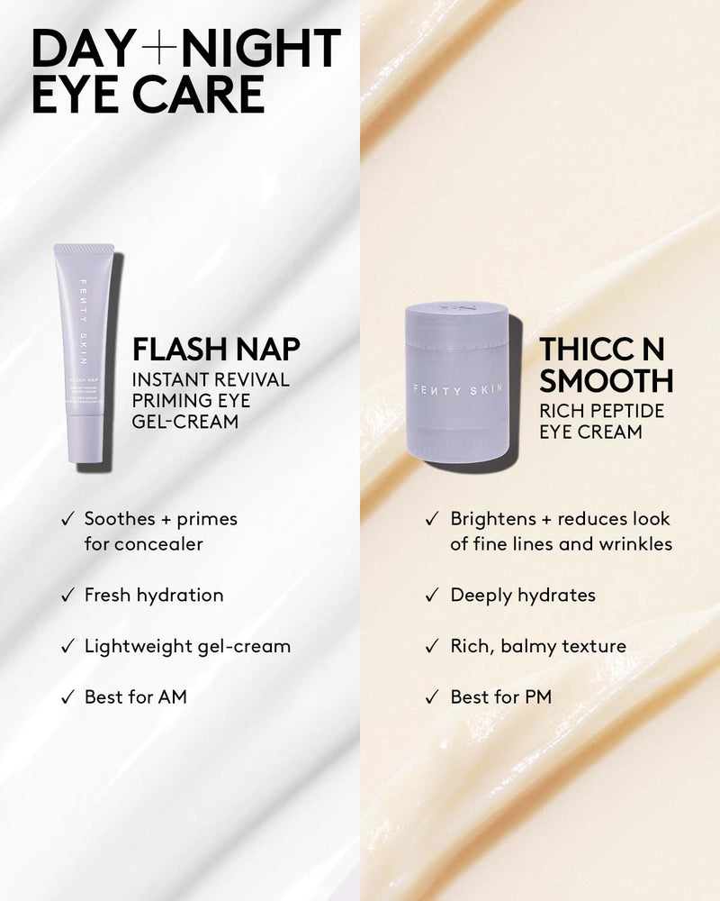 Side-by-side comparison of Fenty Skin Flash Nap eye cream and Rich N Smooth eye cream detailing their benefits.
