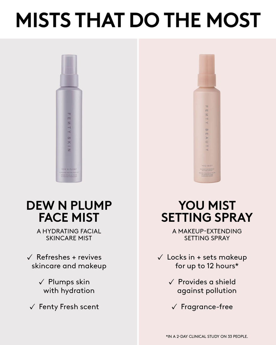 Two bottles of Fenty Beauty mists with product descriptions and benefits on a white background.